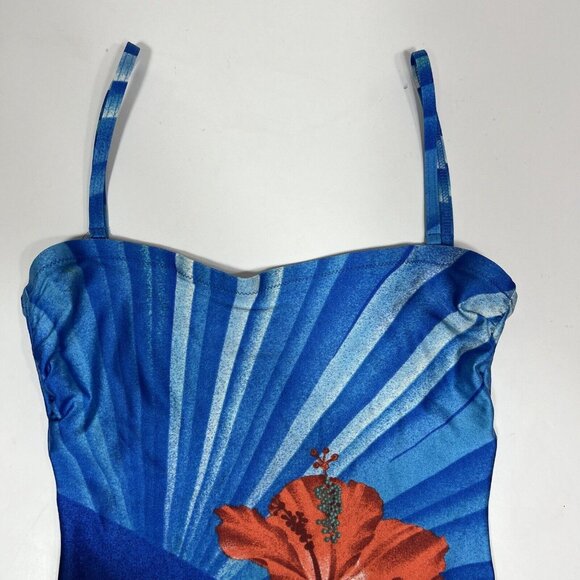 GOTTEX 1 Piece Bandeau Style Swimsuit Striped Blue With Hibiscus Flower Size 10 - Picture 2 of 9